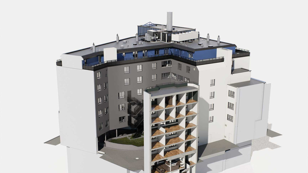 Sanierung Wohn- und Geschäftshaus, 3D Modell, Gebäudeschnitt, ING PLUS