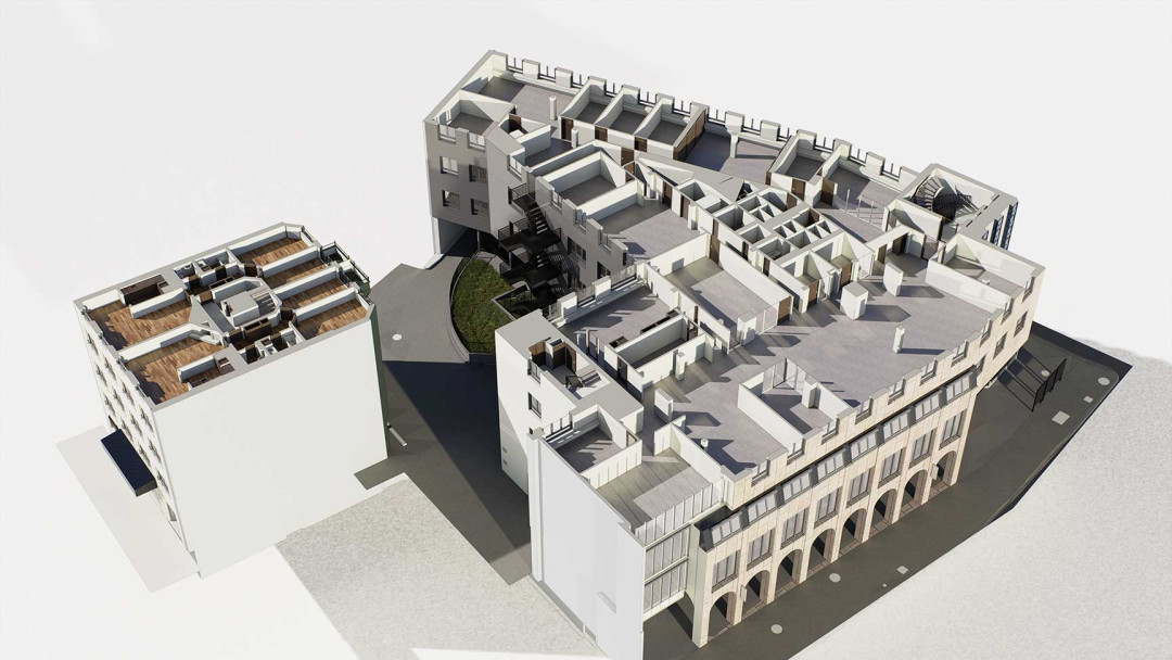 Sanierung Wohn- und Geschäftshaus, 3D Modell, Dachaufsicht, ING PLUS