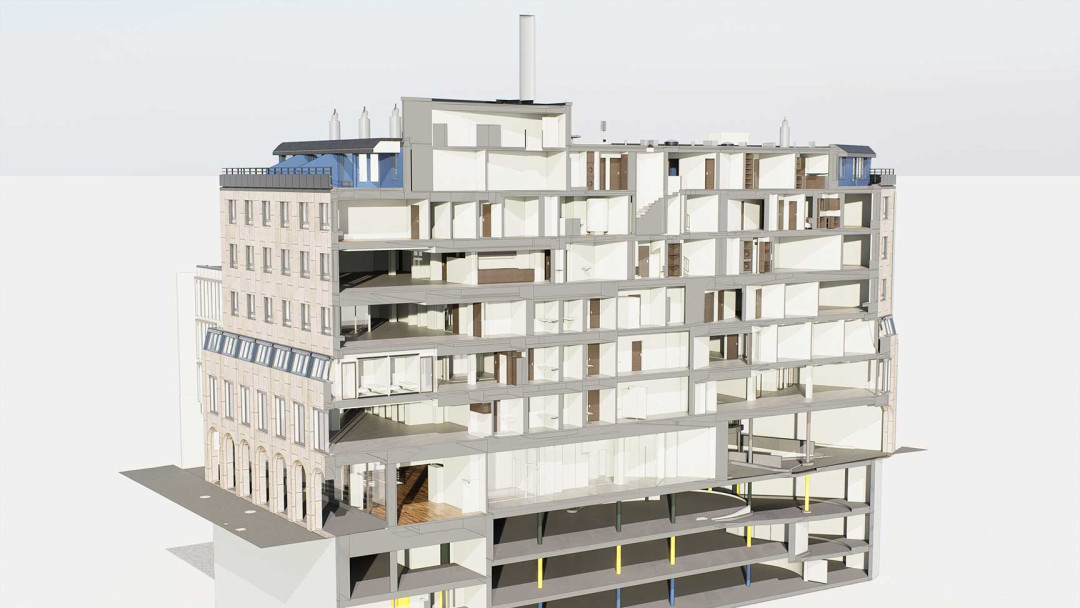 Sanierung Wohn- und Geschäftshaus, BIM Modell, Längsschnitt, ING PLUS
