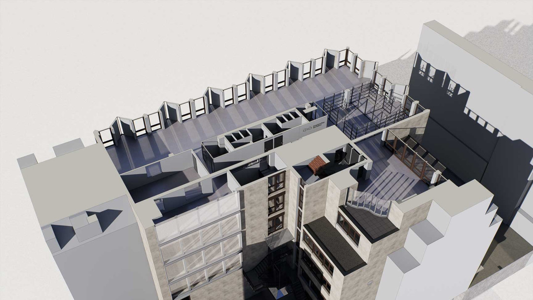 Umbau Geschäftshaus, 3D-Modell, Dachaufsicht, Technikgeschoss, ING PLUS