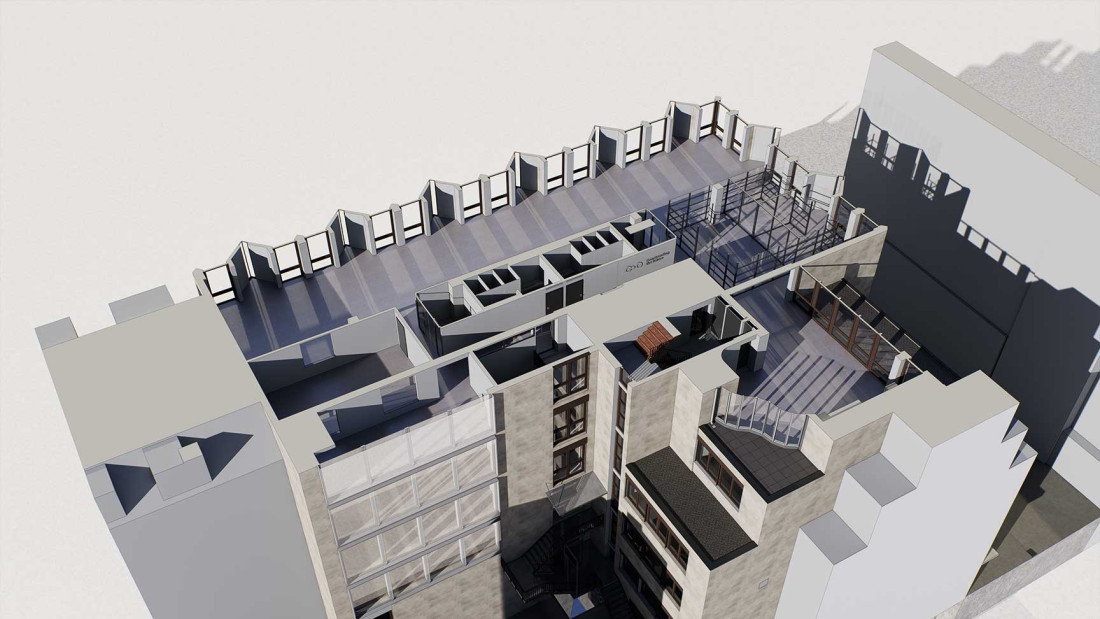 Fotos Umbau Geschäftshaus, 3D-Modell, Dachaufsicht, Technikgeschoss, ING PLUS