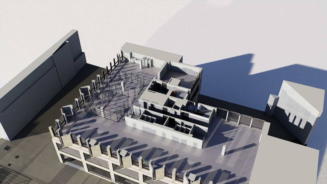 Umbau Geschäftshaus, 3D-Modell, Dachterasse, Aufsicht, ING PLUS