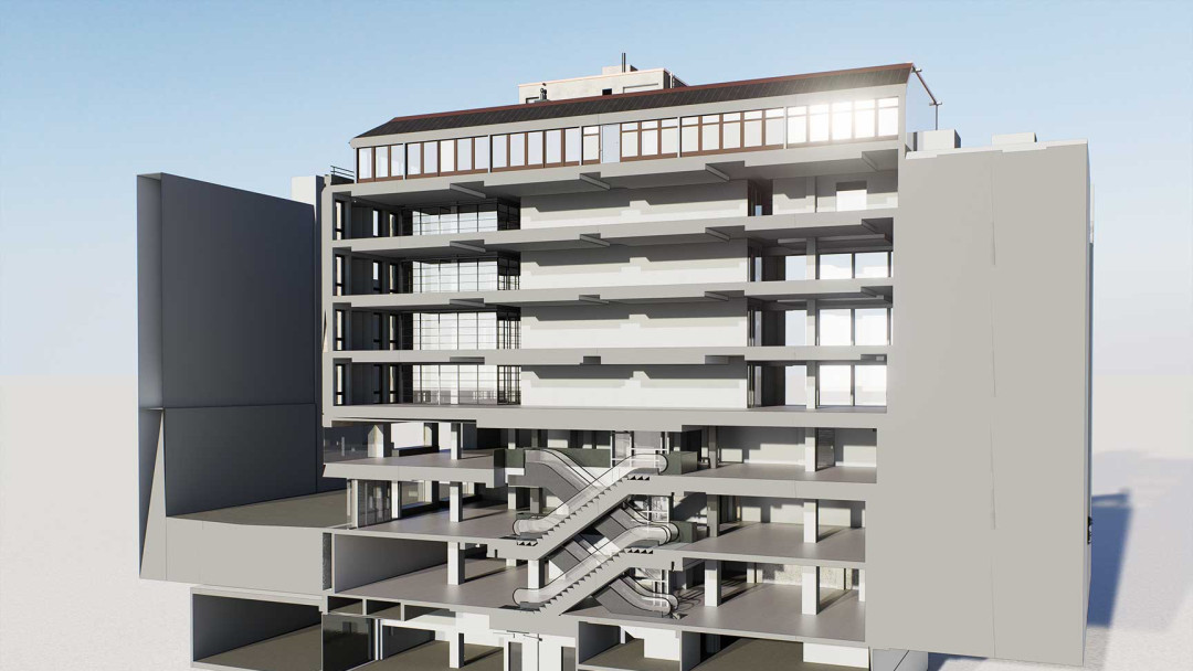 Umbau Geschäftshaus, BIM Modell, Geschossschnitt, Rolltreppen, ING PLUS