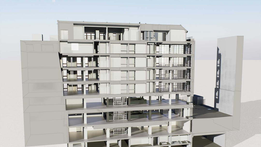 Umbau Geschäftshaus, 3D-Modell, Längsschnitt, Bestandsmodell, ING PLUS