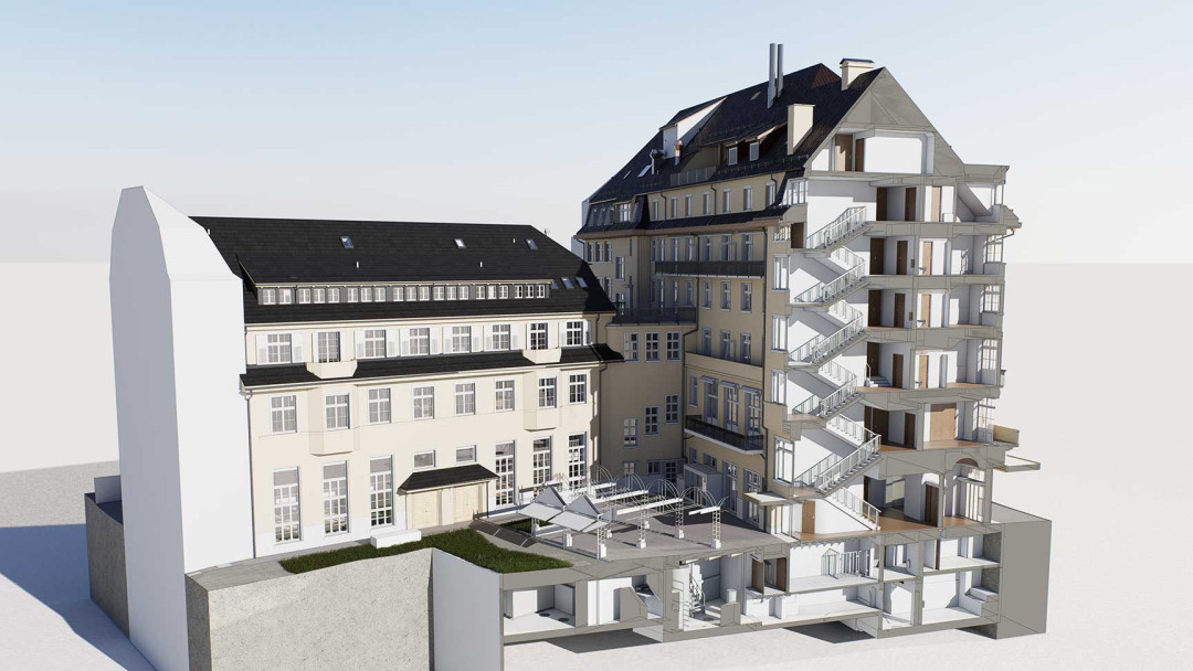 Sanierung Glockenhof, Gebäudekomplex, 3D Laserscanning, Schnittmodell, ING PLUS