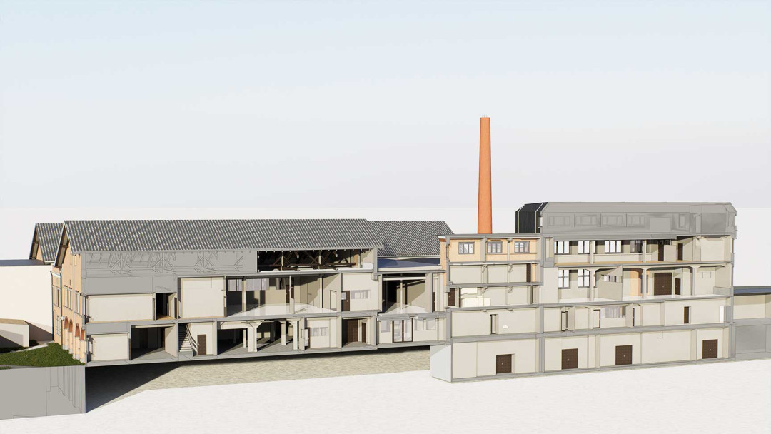 Umbau Gelatinefabrik, 3D Modell, Querschnitt, ING PLUS